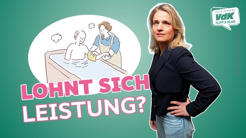 Die Bildcollage zeigt VdK-Präsidentin Verena Bentele, den Text "Lohnt sich Leistung?", das Logo von VdK-TV sowie eine Grafik einer Frau, die sich um eine pflegebedürftige Person kümmert.